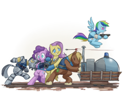 Size: 1024x799 | Tagged: safe, artist:stupjam, big macintosh, fluttershy, pinkie pie, rainbow dash, zecora, earth pony, pegasus, pony, zebra, g4, democora, demoman, demoman (tf2), female, heavy mac, heavy weapons guy, male, mare, medic, medic (tf2), medigun, pyro (tf2), scout (tf2), stallion, team fortress 2