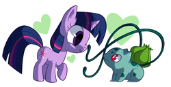 Size: 1000x512 | Tagged: safe, artist:reuniclus, twilight sparkle, bulbasaur, g4, boop, crossover, pokémon