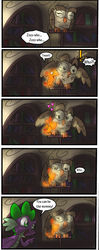 Size: 696x1749 | Tagged: safe, artist:supersheep64, owlowiscious, peewee, spike, bird, dragon, owl, phoenix, g4, comic, male