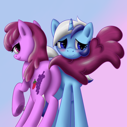 Size: 1500x1500 | Tagged: safe, artist:goldenmercurydragon, berry punch, berryshine, minuette, earth pony, pony, unicorn, g4, berry butt, blushing, butt, duo, female, gradient background, lesbian, mare, plot, seduction, ship:berrygate, shipping, tail seduce