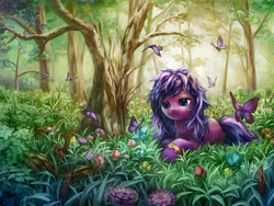 Size: 1600x1200 | Tagged: safe, artist:stupjam, oc, oc only, oc:angelheart, butterfly, pony, forest, prone, solo