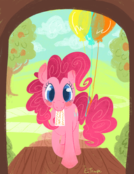 Size: 510x663 | Tagged: safe, artist:lizardandblankets, pinkie pie, earth pony, pony, g4, balloon, blush sticker, blushing, female, invitation, looking at you, mare, mouth hold, smiling, solo