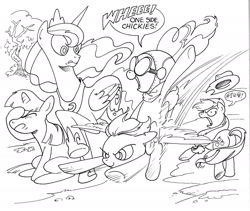 Size: 1816x1536 | Tagged: safe, artist:andy price, applejack, pinkie pie, princess luna, rainbow dash, twilight sparkle, alicorn, earth pony, pegasus, pony, unicorn, g4, armpits, black and white, female, grayscale, mare, monochrome