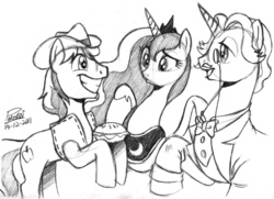 Size: 1000x723 | Tagged: safe, artist:pokelai, braeburn, fancypants, princess luna, alicorn, earth pony, pony, unicorn, g4, black and white, female, grayscale, male, mare, monochrome, stallion