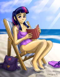 Size: 835x1080 | Tagged: safe, artist:pluckyninja, twilight sparkle, human, g4, barefoot, beach, clothes, feet, female, flip-flops, humanized, one-piece swimsuit, sandals, solo, swimsuit