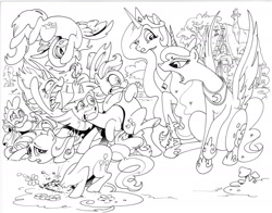 Size: 1406x1100 | Tagged: safe, artist:andy price, applejack, fluttershy, pinkie pie, princess celestia, princess luna, rainbow dash, rarity, spike, twilight sparkle, alicorn, dragon, earth pony, pegasus, pony, unicorn, g4, armpits, black and white, blanket, female, grayscale, male, mane six, mare, monochrome, traditional royal canterlot voice