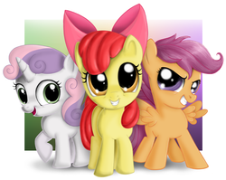 Size: 948x754 | Tagged: dead source, safe, artist:flashetion, artist:macflash2, apple bloom, scootaloo, sweetie belle, earth pony, pegasus, pony, unicorn, g4, cute, cutie mark crusaders, female, filly, looking at you, trio