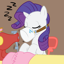 Size: 1000x1000 | Tagged: dead source, safe, artist:madmax, rarity, pony, unicorn, g4, cute, eating, feed bag, food, multitasking, raribetes, sewing, sewing machine, sleeping, sleeping on the job, solo, working, zzz