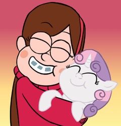 Size: 302x315 | Tagged: safe, sweetie belle, pony, unicorn, g4, :t, blush sticker, blushing, crossover, cute, diasweetes, eyes closed, female, filly, gradient background, gravity falls, grin, hug, mabel pines, male, smiling, snuggling