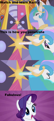 Size: 640x1421 | Tagged: safe, edit, edited screencap, screencap, princess celestia, rarity, alicorn, pony, unicorn, princess molestia, g4, caption, door, female, horn, horn penetration, mare