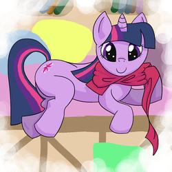 Size: 900x900 | Tagged: safe, artist:iyatsu, twilight sparkle, pony, unicorn, g4, clothes, female, looking at you, mare, scarf, smiling, solo, unicorn twilight