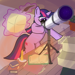 Size: 900x900 | Tagged: safe, artist:iyatsu, twilight sparkle, pony, unicorn, g4, female, solo, stargazing, telescope, unicorn twilight