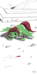 Size: 3000x6000 | Tagged: safe, artist:gavalanche, pegasus, pony, absurd resolution, angry, blood, clothes, code geass, commission, crossover, debris, fanfic art, female, gritted teeth, kallen kozuki, knife, looking at you, mare, mouth hold, ponified, solo, weapon
