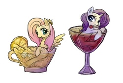 Size: 770x520 | Tagged: safe, artist:keterok, fluttershy, rarity, pegasus, pony, unicorn, g4, cup of pony, drink, duo, female, food, lemonade, mare, micro, simple background, white background