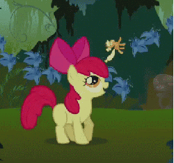 Size: 363x339 | Tagged: safe, screencap, apple bloom, applejack, earth pony, pony, bridle gossip, g4, season 1, animated, appletini, cropped, duo, female, filly, foal, gif, mare, micro, mouth hold, toss