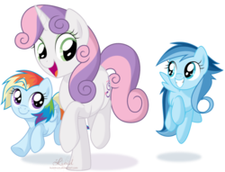 Size: 1024x784 | Tagged: dead source, safe, artist:kumkrum, sweetie belle, oc, oc:ragtag, oc:shooting star, g4, filly, foal, foalsitter, offspring, parent:rainbow dash, parent:soarin', parents:soarindash, simple background, transparent background