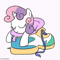 Size: 1000x1000 | Tagged: safe, artist:madmax, sweetie belle, pony, unicorn, g4, characters inside shoes, cute, diasweetes, eyes closed, female, filly, foal, shoes, smol, sneakers, solo