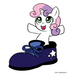 Size: 1000x1000 | Tagged: safe, artist:madmax, sweetie belle, pony, unicorn, g4, characters inside shoes, cute, female, filly, foal, open mouth, shoes, simple background, smiling, smol, solo, white background