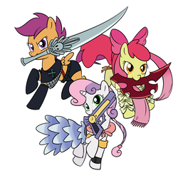 Size: 1500x1500 | Tagged: safe, artist:madmax, apple bloom, scootaloo, sweetie belle, g4, cosplay, cutie mark crusaders, female, filly, final fantasy, final fantasy x-2, foal, gun, mouth hold, paine, parody, rikku, sword, warrior, weapon, yuna (final fantasy)