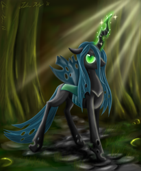 Size: 1000x1213 | Tagged: safe, artist:lobana, queen chrysalis, changeling, changeling queen, g4, female, glowing, glowing eyes, glowing horn, horn