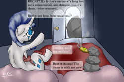 Size: 750x500 | Tagged: safe, artist:da-goddamn-batguy, rarity, rocky, tom, g4, adultery, all my circuits, bedroom, cigar, covering, crying, futurama, infidelity, male, pillow, sheet, smoking, soap opera, text