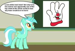 Size: 867x588 | Tagged: safe, artist:ponyflea, lyra heartstrings, pony, g4, chalkboard, gloves, hamburger helper, hand, hand fetish, helping hand, human studies101 with lyra, meme, that pony sure does love hands
