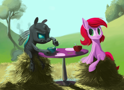 Size: 1253x919 | Tagged: safe, artist:justdayside, oc, oc only, changeling, nymph, breakfast, duo, filly
