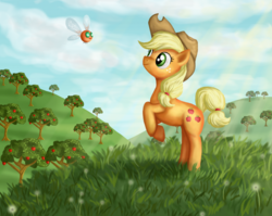 Size: 1000x794 | Tagged: safe, artist:whiteeyedcat, applejack, earth pony, parasprite, pony, g4, apple, apple tree, female, mare, orchard, rearing, tree