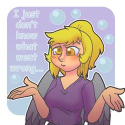 Size: 500x500 | Tagged: dead source, safe, artist:sincerelymrbear, derpy hooves, human, ask human derpy, g4, ask-humanderpy, colored pupils, female, human derpy, humanized, i just don't know what went wrong, ponytail, shrug, solo, winged humanization, wings