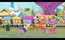 Size: 1024x640 | Tagged: safe, edit, edited screencap, screencap, big macintosh, chelsea porcelain, cloud kicker, crafty crate, derpy hooves, geri, granny smith, lightning bolt, mr. waddle, sea swirl, seafoam, serena, spike, spring melody, sprinkle medley, steamer, twilight sparkle, white lightning, dragon, earth pony, pegasus, pony, unicorn, g4, putting your hoof down, background pony, caption, female, flying, hot air balloon, intro, male, mare, opening, ponyville, stallion, text, theme song, twinkling balloon, youtube caption