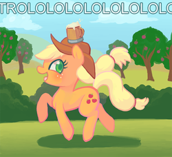 Size: 650x593 | Tagged: safe, artist:mazzlebee, applejack, earth pony, pony, g4, the super speedy cider squeezy 6000, cider, colored pupils, female, i didn't learn anything, mare, solo, troll, trololo