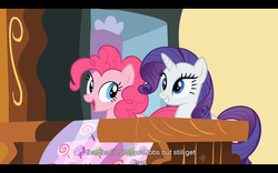 Size: 1024x640 | Tagged: safe, screencap, pinkie pie, rarity, earth pony, unicorn, g4, my little pony: friendship is magic, putting your hoof down, horn, youtube caption