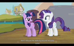 Size: 1024x640 | Tagged: safe, screencap, rarity, twilight sparkle, g4, it's about time, youtube caption