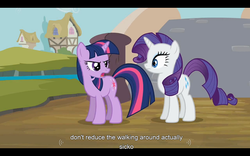 Size: 1024x640 | Tagged: safe, screencap, rarity, twilight sparkle, pony, unicorn, g4, it's about time, my little pony: friendship is magic, duo, female, horn, mare, youtube caption