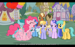Size: 1024x640 | Tagged: safe, screencap, amethyst star, aura (g4), cloud kicker, dinky hooves, doctor whooves, liza doolots, meadow song, minuette, petunia, pinkie pie, sea swirl, seafoam, sparkler, spring melody, sprinkle medley, sunshower raindrops, time turner, tootsie flute, earth pony, pegasus, pony, unicorn, g4, it's about time, female, male, mare, panic, pinkie being pinkie, pinkie physics, stallion, youtube caption