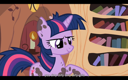 Size: 1024x640 | Tagged: safe, screencap, twilight sparkle, pony, unicorn, g4, it's about time, my little pony: friendship is magic, dirty, female, horn, mare, raised hoof, solo, youtube caption