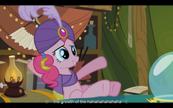 Size: 1024x640 | Tagged: safe, screencap, pinkie pie, earth pony, pony, g4, it's about time, season 2, female, hooves on the table, madame pinkie, mare, turban, youtube caption