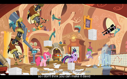 Size: 1024x640 | Tagged: safe, screencap, pinkie pie, spike, twilight sparkle, g4, it's about time, my little pony: friendship is magic, youtube caption