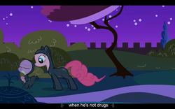 Size: 1024x640 | Tagged: safe, screencap, pinkie pie, spike, dragon, earth pony, pony, g4, it's about time, my little pony: friendship is magic, catsuit, drugs, duo, duo male and female, female, male, mare, sneaking suit, youtube caption