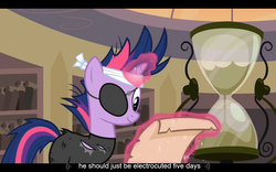 Size: 1024x640 | Tagged: safe, screencap, twilight sparkle, g4, it's about time, bandage, catsuit, future twilight, hourglass, youtube caption