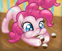Size: 994x812 | Tagged: safe, artist:idontknow350, pinkie pie, earth pony, pony, g4, cupcake, cute, diapinkes, eating, female, mare, solo