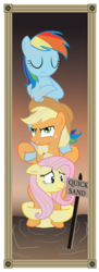 Size: 1069x2926 | Tagged: safe, artist:icaron, applejack, fluttershy, rainbow dash, earth pony, pegasus, pony, g4, crossover, eyes closed, female, floppy ears, mare, peril, pile, pony pile, quicksand, show accurate, stretching portrait, teary eyes, the haunted mansion, tower of pony, trio, wide eyes, worried