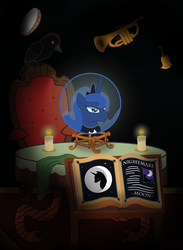 Size: 3000x4101 | Tagged: safe, artist:icaron, princess luna, alicorn, bird, pony, raven (bird), g4, bell, book, candle, chair, crossover, cutie mark, female, madame leota, mare in the moon, moon, musical instrument, show accurate, solo, table, tambourine, the haunted mansion, trumpet