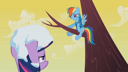 Size: 1272x716 | Tagged: safe, screencap, rainbow dash, twilight sparkle, pegasus, pony, g4, season 1, winter wrap up, female, mare, out of context, snow, tree, winter wrap up song