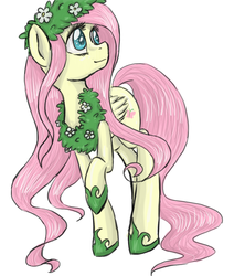 Size: 800x900 | Tagged: safe, artist:silbersternenlicht, fluttershy, pegasus, pony, g4, female, floral head wreath, flower, folded wings, hoof shoes, looking away, looking up, mare, raised hoof, simple background, solo, standing, turned head, white background, wings, wreath