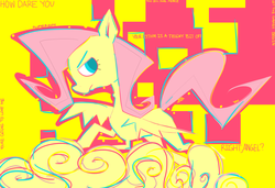 Size: 1280x875 | Tagged: safe, artist:opplejock, fluttershy, pegasus, pony, g4, abstract background, angular, dialogue, female, looking at you, mare, profile, solo, spread wings, wings