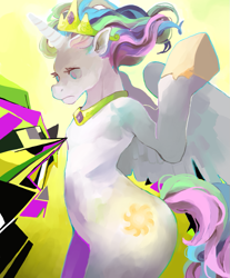 Size: 699x845 | Tagged: safe, artist:ginsengandhoney, princess celestia, alicorn, pony, g4, bipedal, cubism, female, glowing, glowing horn, horn, mare, modern art, solo, spread wings, wings