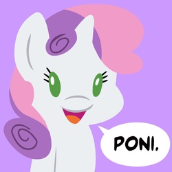 Size: 945x945 | Tagged: safe, artist:megasweet, sweetie belle, pony, unicorn, ask smarty belle, g4, cute, dialogue, female, filly, looking at you, open mouth, poni, purple background, simple background, smarty belle, smiling, solo