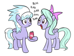 Size: 1280x960 | Tagged: safe, artist:elslowmo, cloudchaser, flitter, pegasus, pony, g4, blah, blah blah blah, dialogue, duo, duo female, female, hoof hold, looking at each other, mare, open mouth, simple background, smiling, standing, tab, talking, transparent background