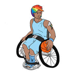 Size: 1024x1024 | Tagged: artist needed, source needed, safe, rainbow dash, human, g4, basketball, clothes, dark skin, female, human coloration, humanized, rule 63, simple background, wheelchair, white background
